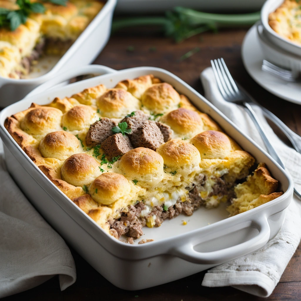 Golden brown casserole with biscuit crust, bubbly egg filling, and crumbled sausage on top.