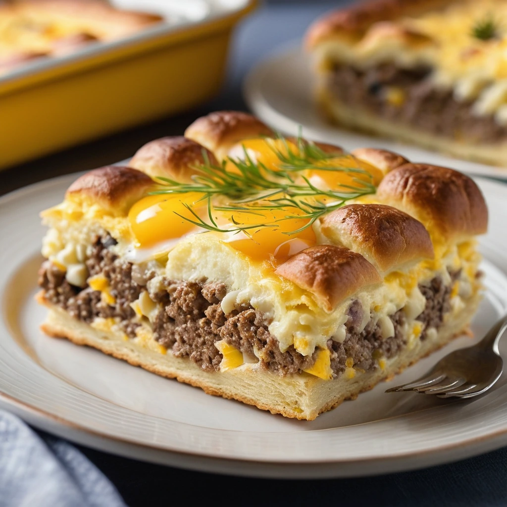 Golden biscuit crust topped with fluffy egg and melted cheese, flecked with bits of sausage
