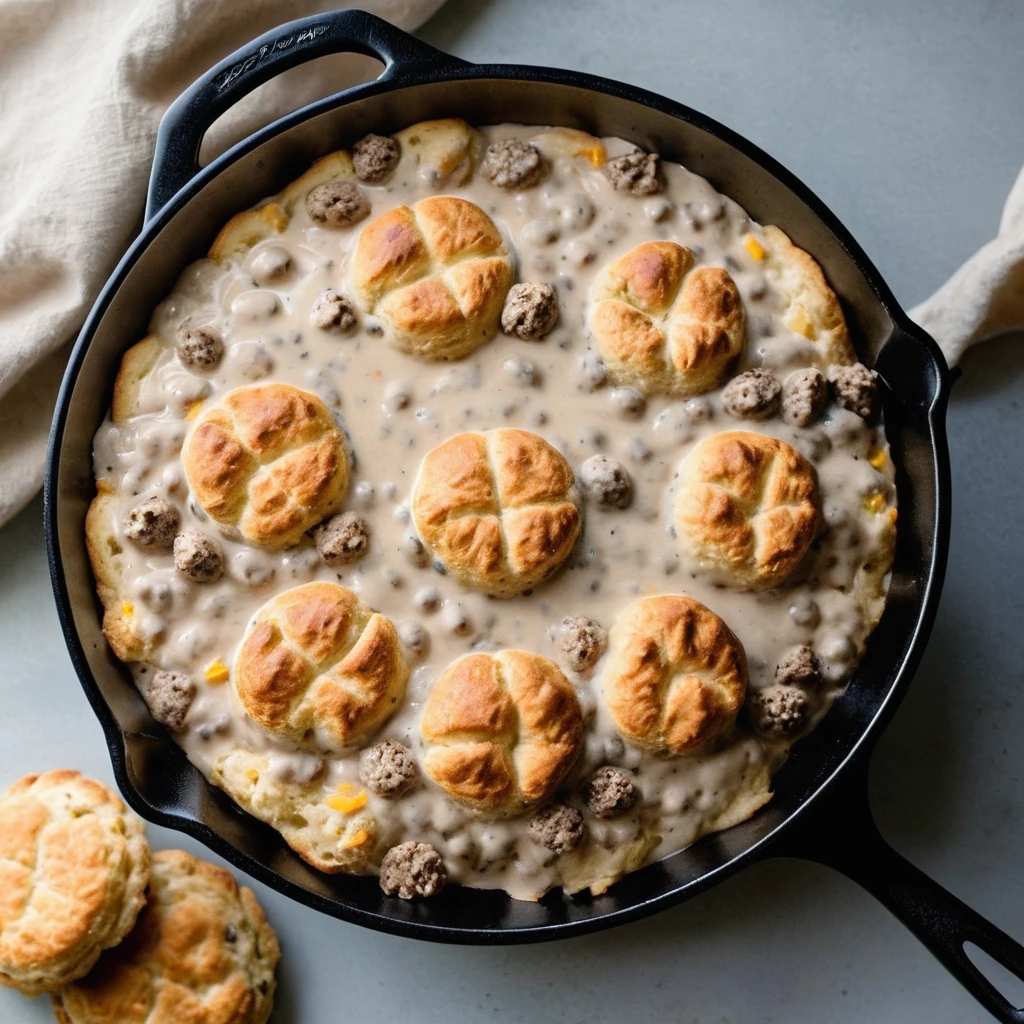 Golden biscuits in a skillet, covered with creamy white gravy and melted orange cheddar cheese.