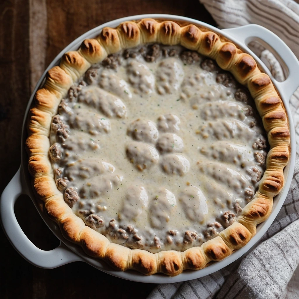 Golden brown biscuit crust topped with creamy white sausage gravy in a deep pie dish.