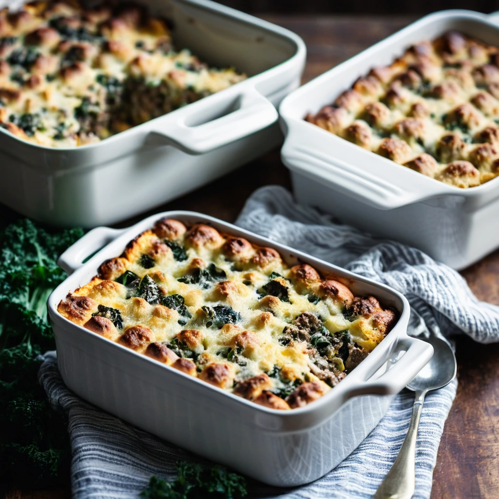 A bubbly casserole in a baking dish with golden top, flecks of green kale, and melted orange cheddar.