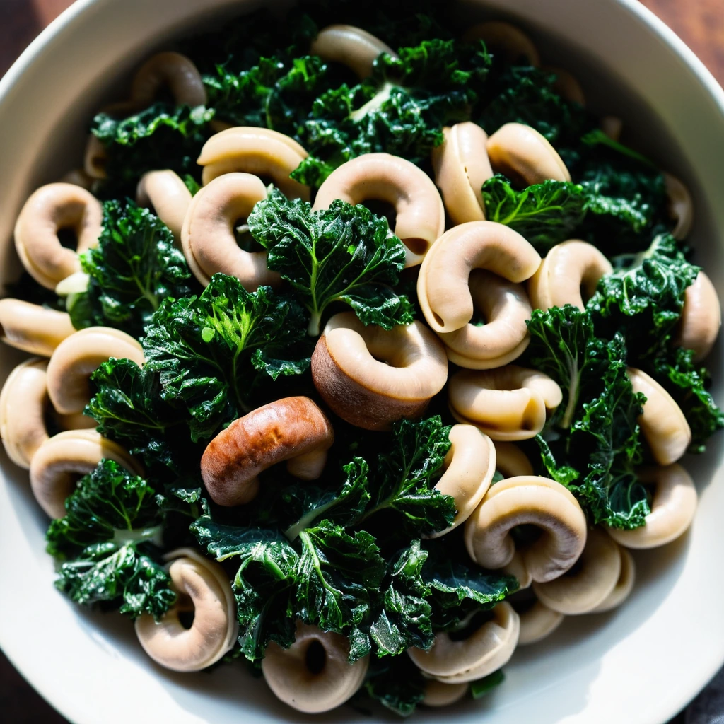 Orecchiette pasta in a bowl topped with crumbled sausage, vibrant green kale, and white beans
