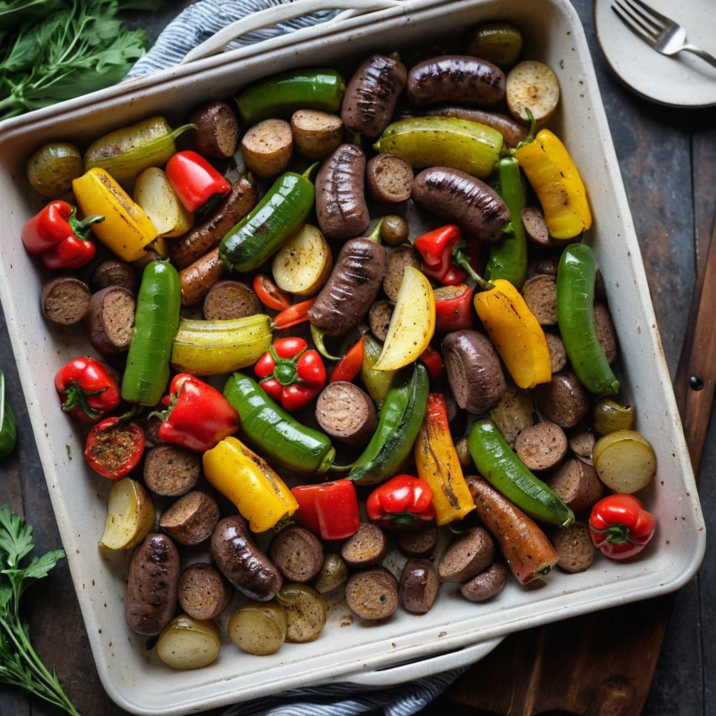 Sheet pan filled with roasted potatoes, green and red bell peppers, and crumbled sausage.
