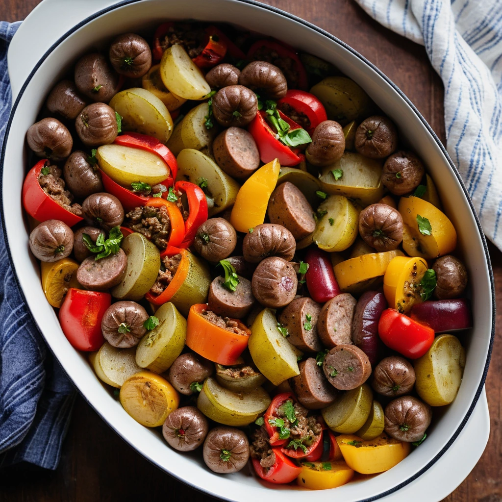 A golden casserole dish filled with layers of browned sausage, diced potatoes, and colorful bell peppers.