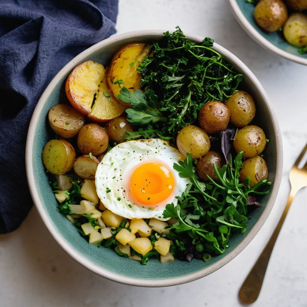 A colorful bowl with roasted potatoes, sautéed greens, and a sunny-side-up egg on top, drizzled with a bit of hot sauce.