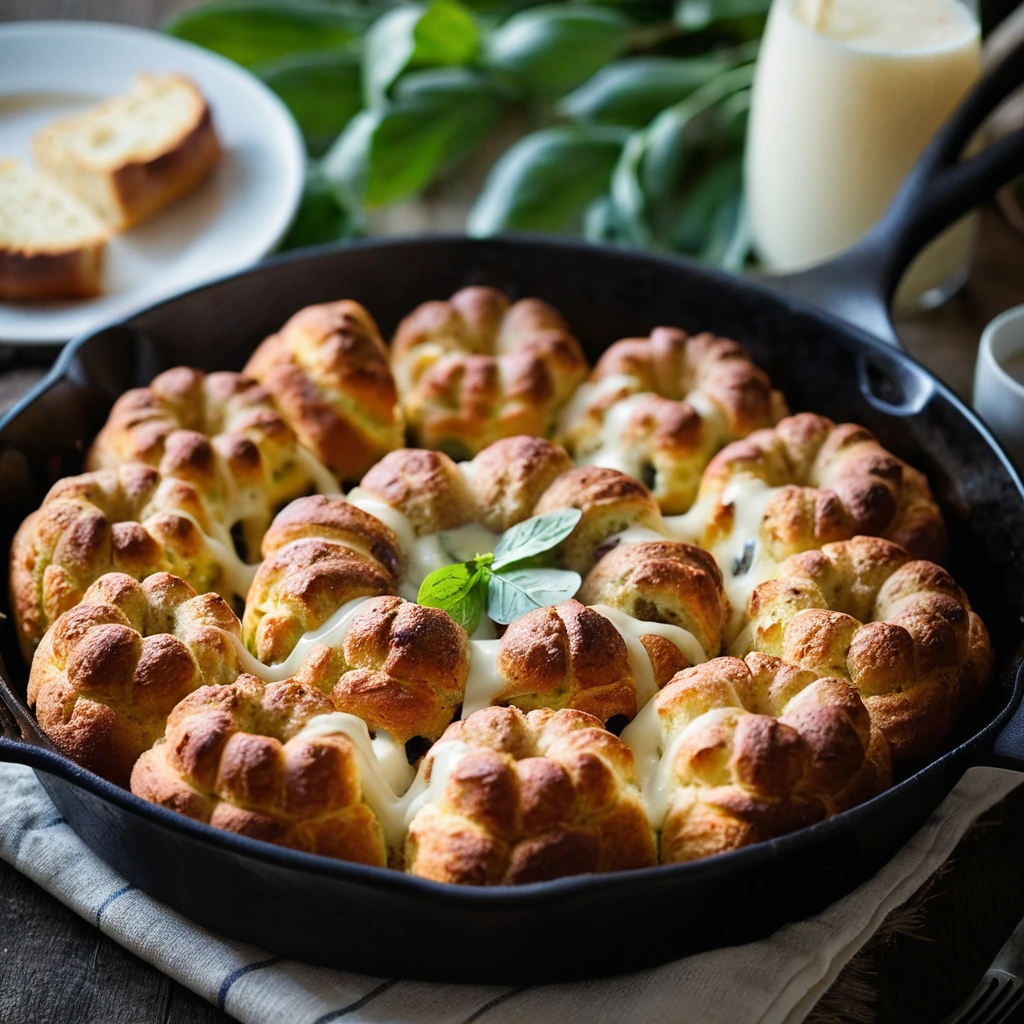 Golden brown bread bites with melted cheese and crumbled sausage in a cast iron skillet