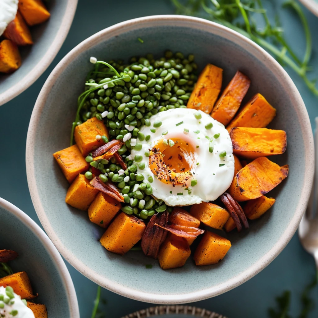 A bowl with roasted sweet potato cubes, crispy bacon, and a sunny-side-up egg on top, garnished with fresh chives.
