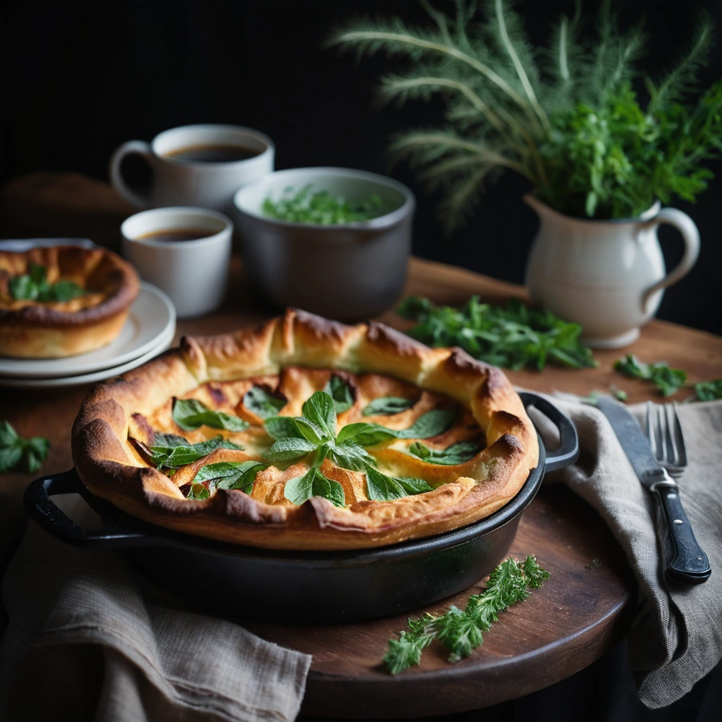 A golden, puffed pancake in a cast iron skillet, dusted with fresh herbs and served with crispy bacon.