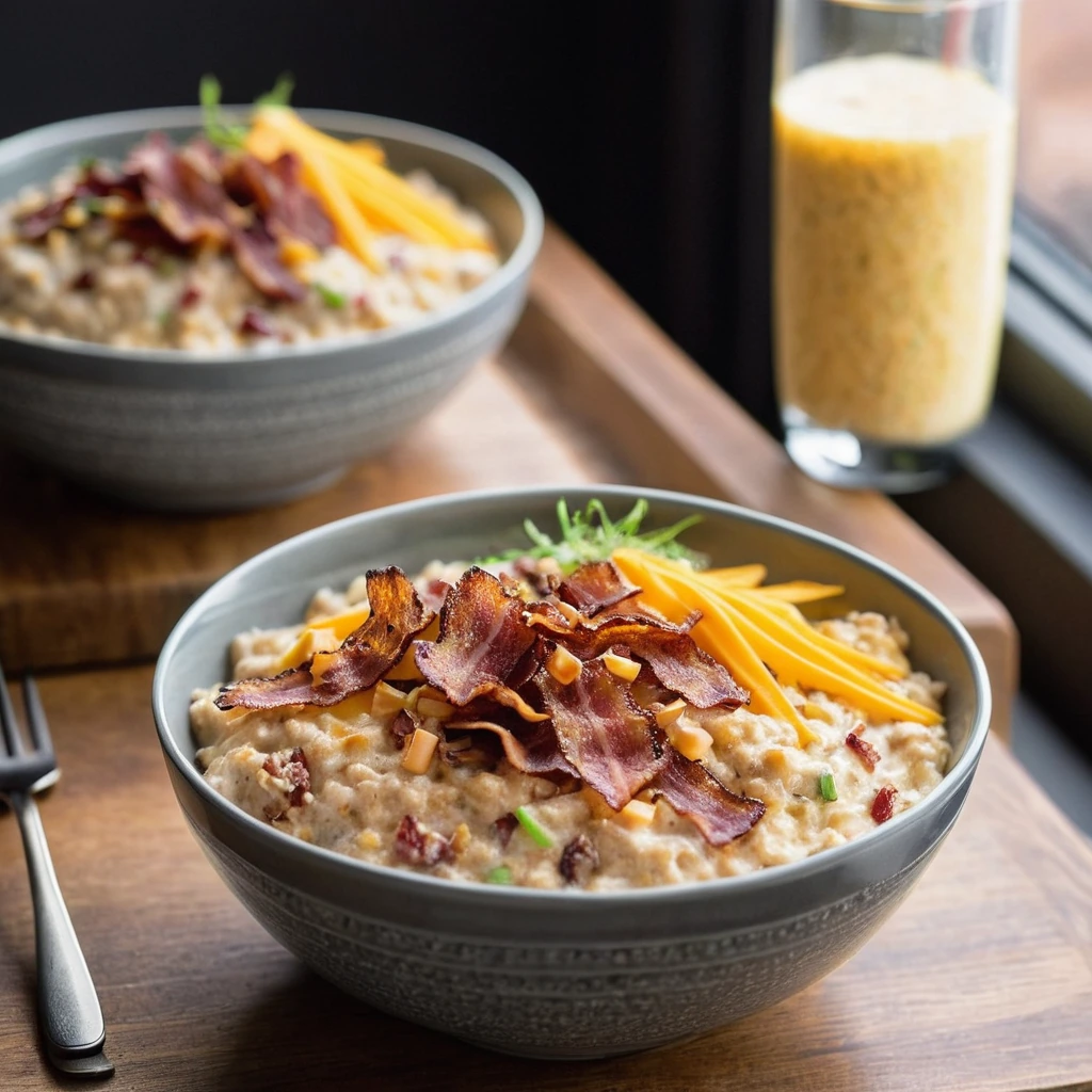 Creamy oatmeal in a bowl topped with crispy bacon and melted cheddar cheese.