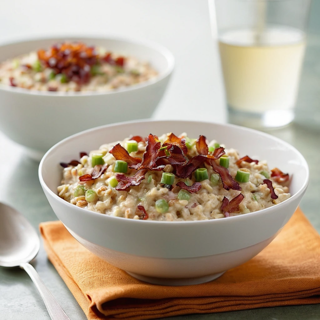 Bowl of creamy oatmeal topped with crispy bacon bits, melted cheddar cheese, and chopped scallions.