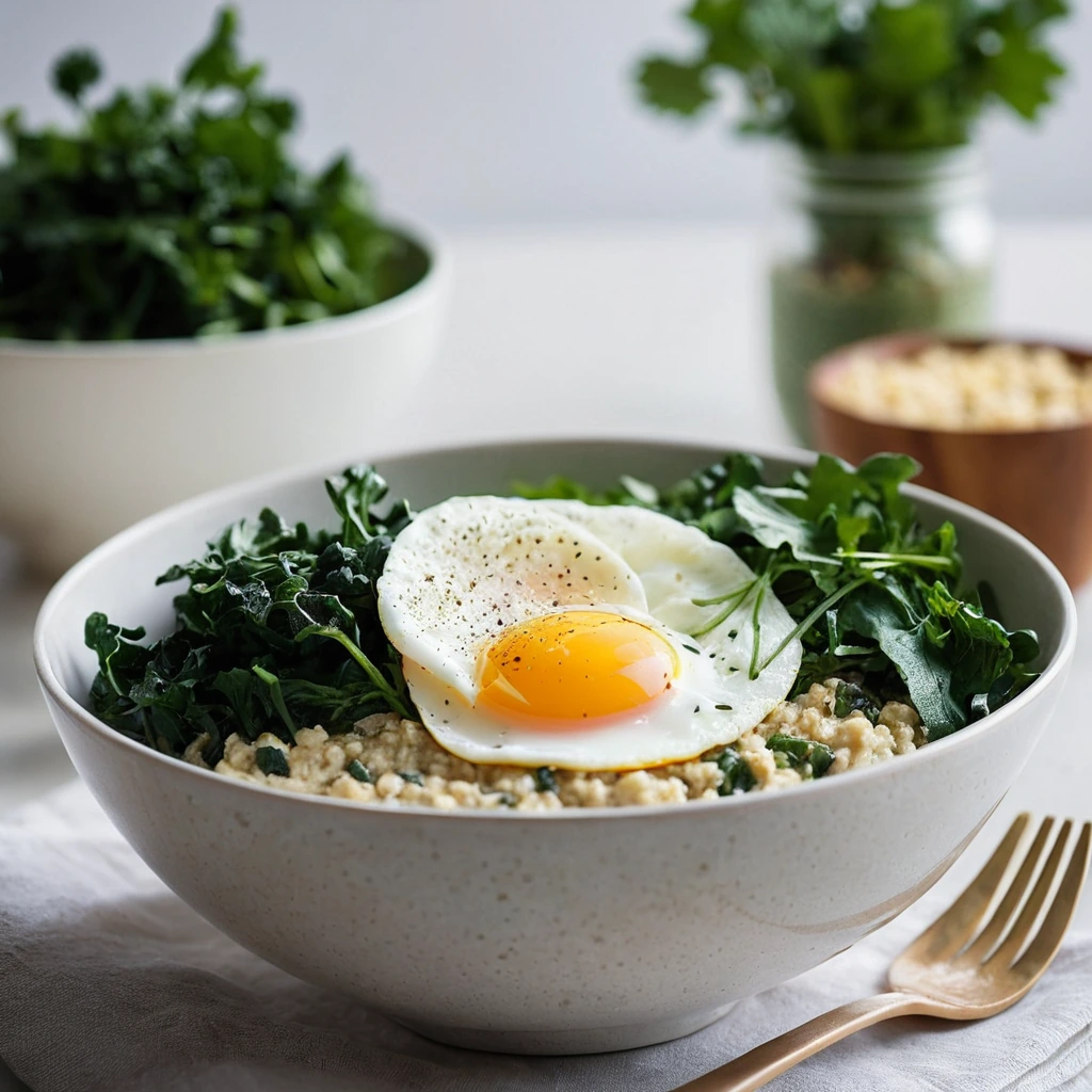 Bowl of creamy oatmeal topped with a sunny-side-up egg and vibrant sautéed greens, sprinkled with cheese.
