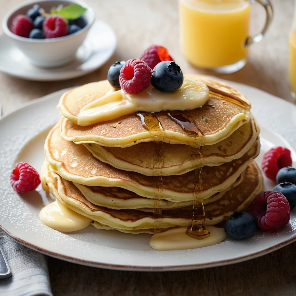 Golden pancakes with fluffy scrambled eggs in the center, drizzled with maple syrup and garnished with fresh berries.