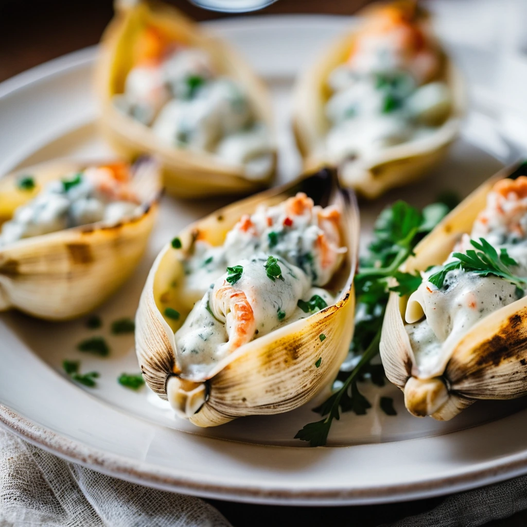 Baked shells stuffed with seafood and creamy alfredo sauce, topped with melted mozzarella, arranged on a rustic serving platter.
