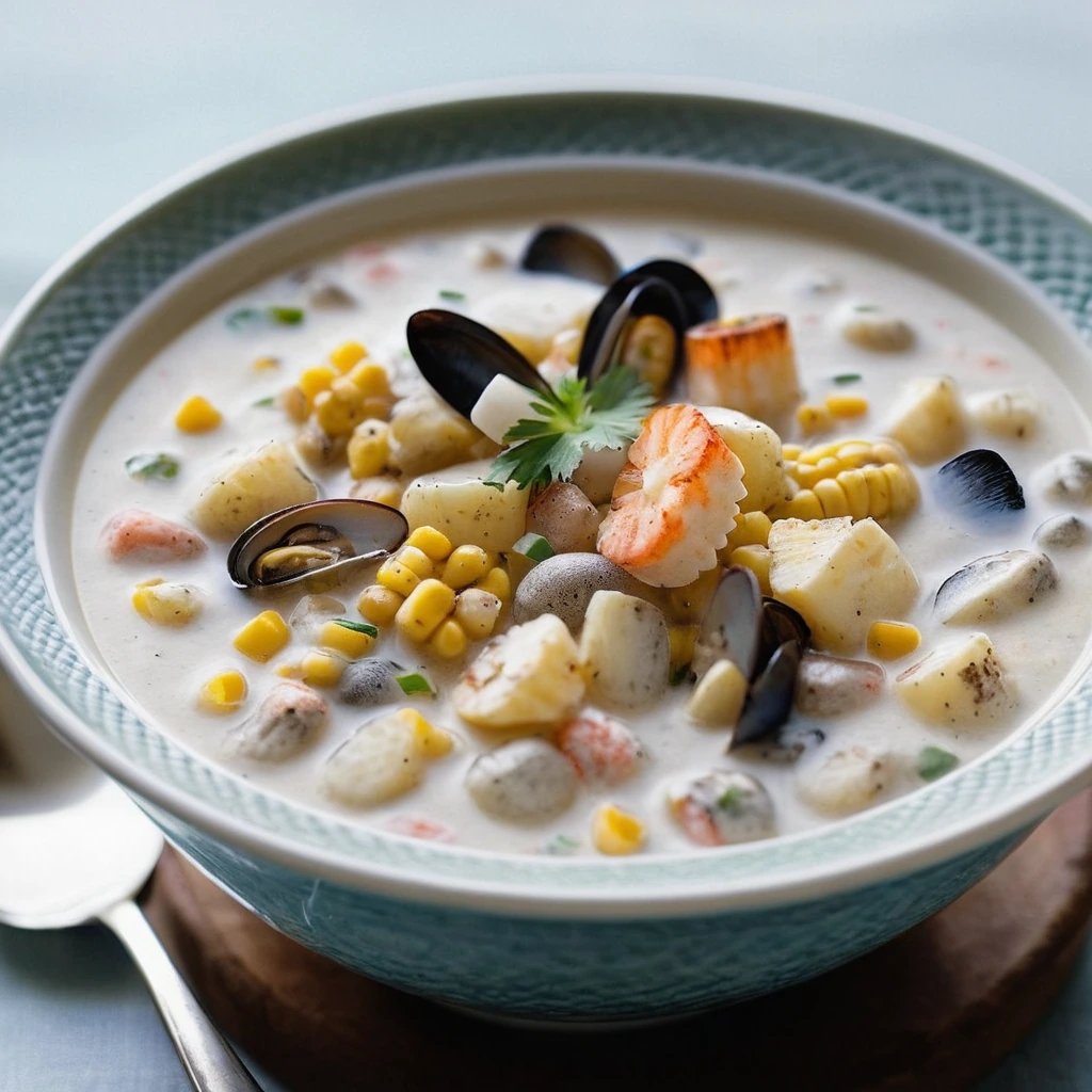 Steaming bowl of creamy chowder with chunks of corn, potatoes, and assorted seafood.