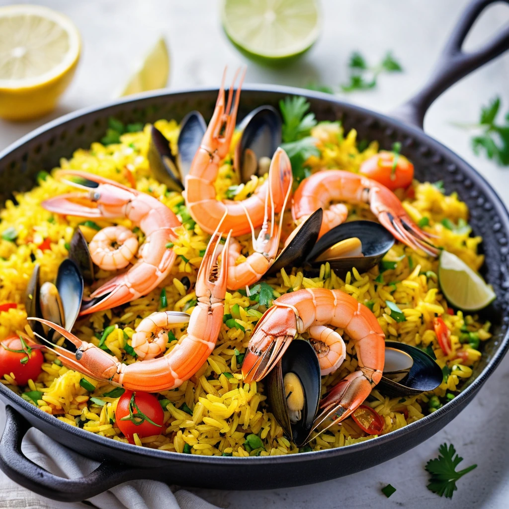 Colorful mix of seafood over golden saffron rice in a sizzling skillet, garnished with fresh parsley.