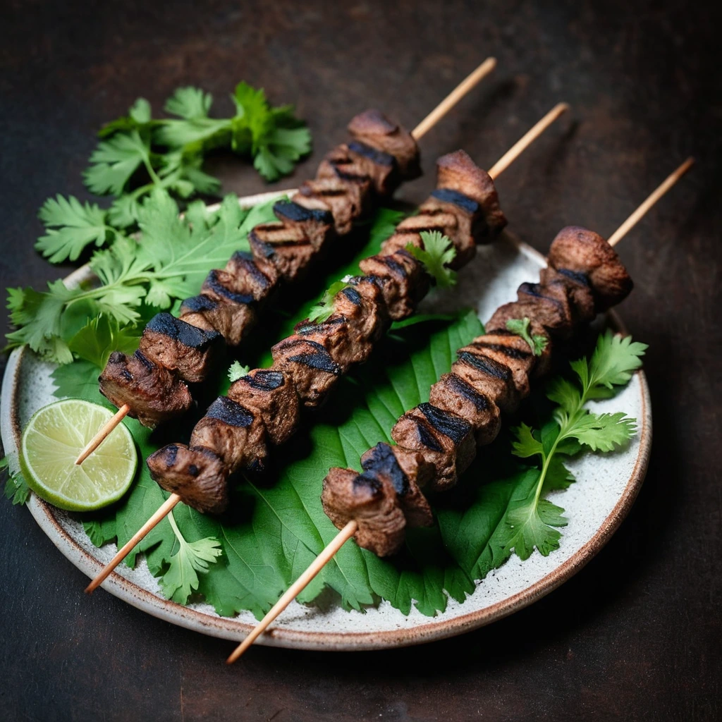 Grilled skewers of dark, charred meat with a glossy sheen, sprinkled with fresh cilantro.