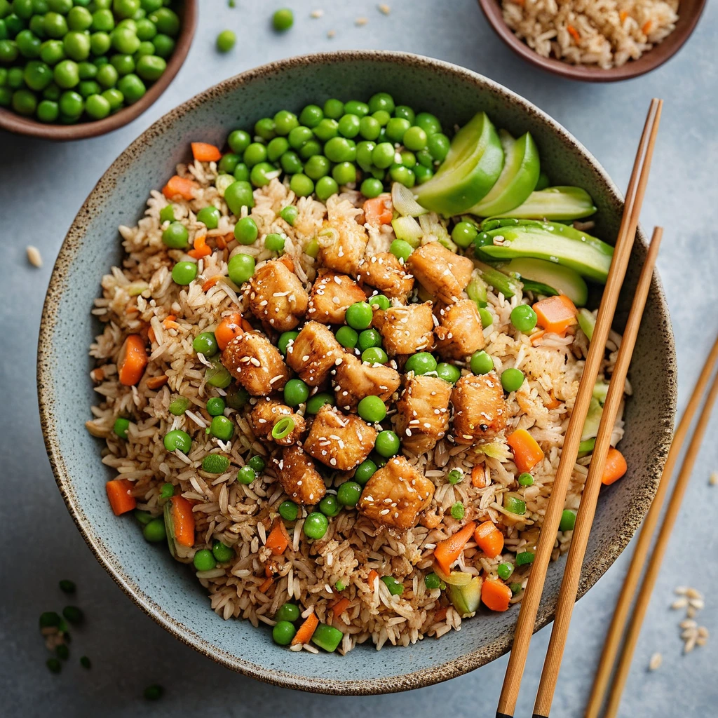 Golden fried rice in a bowl topped with green peas, carrots, diced chicken, and sesame seeds