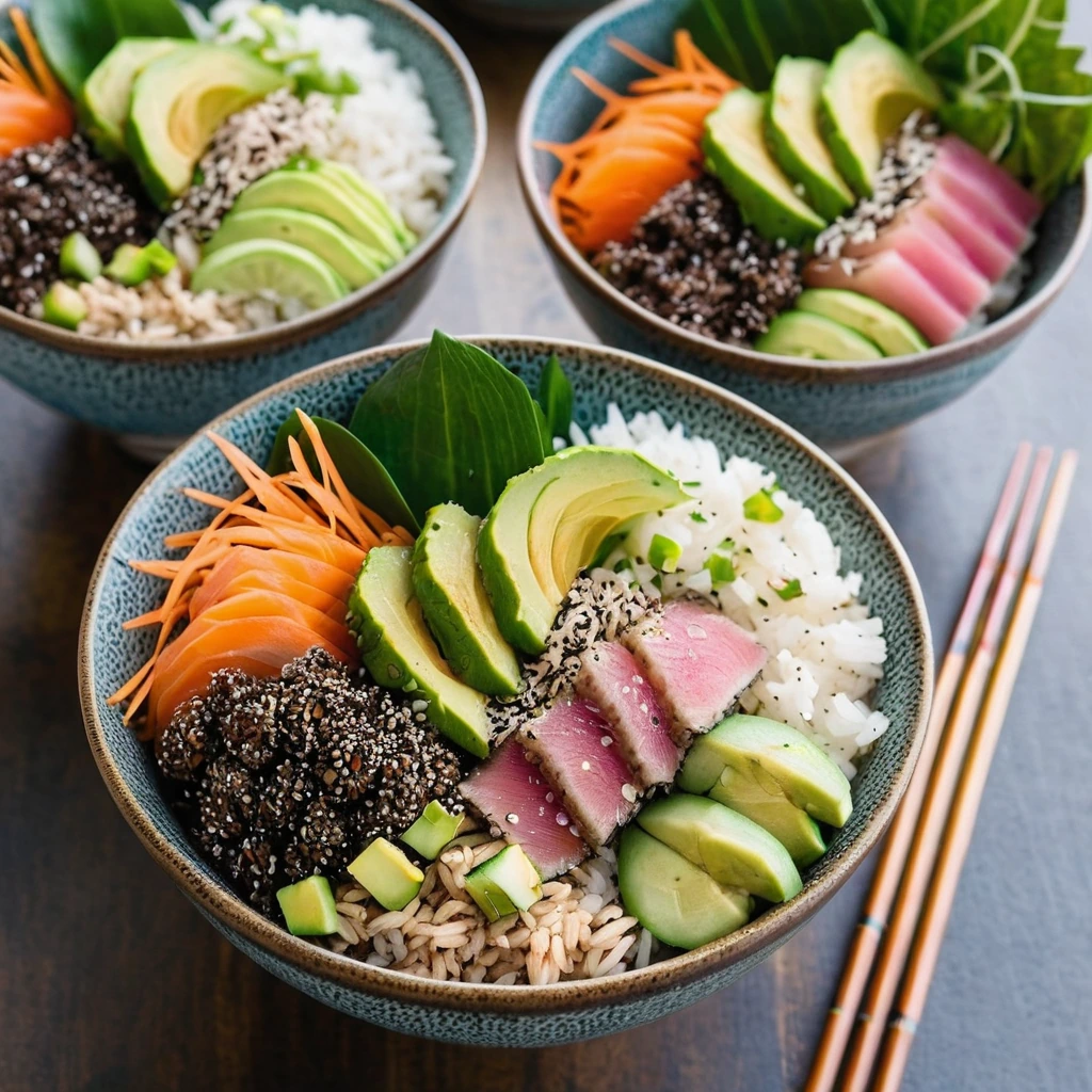 Vibrant poke bowls with sesame-crusted tuna atop sushi rice, avocado, and cucumber.