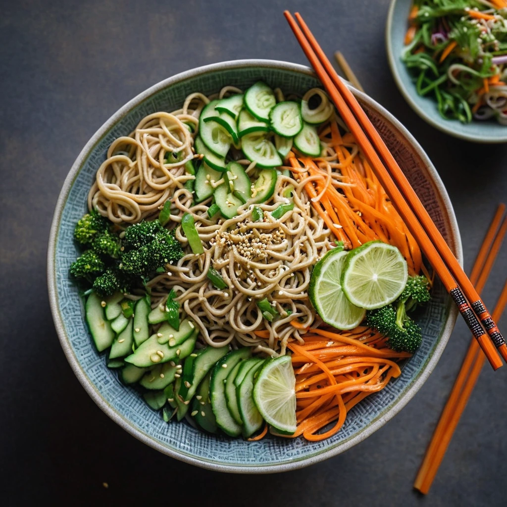 Bowl of colorful noodles with sesame seeds, green vegetables, and orange carrots.