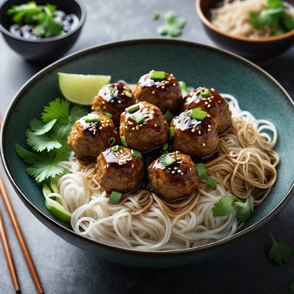 Steamed rice noodles in a bowl topped with golden brown chicken meatballs and a drizzle of dark sesame-ginger sauce