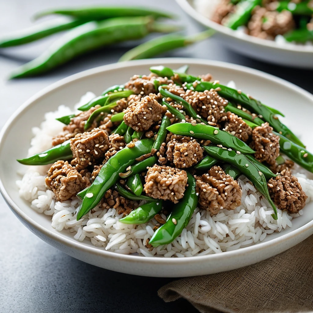 Steamed green beans and ground pork in a glossy sauce, garnished with sesame seeds, served on a white plate