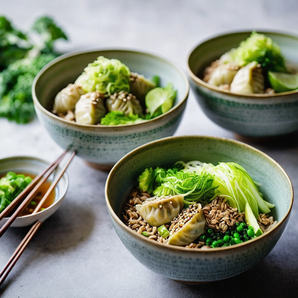 Steamy bowl filled with golden dumplings, vibrant green cabbage, and succulent pork, drizzled with sesame oil.