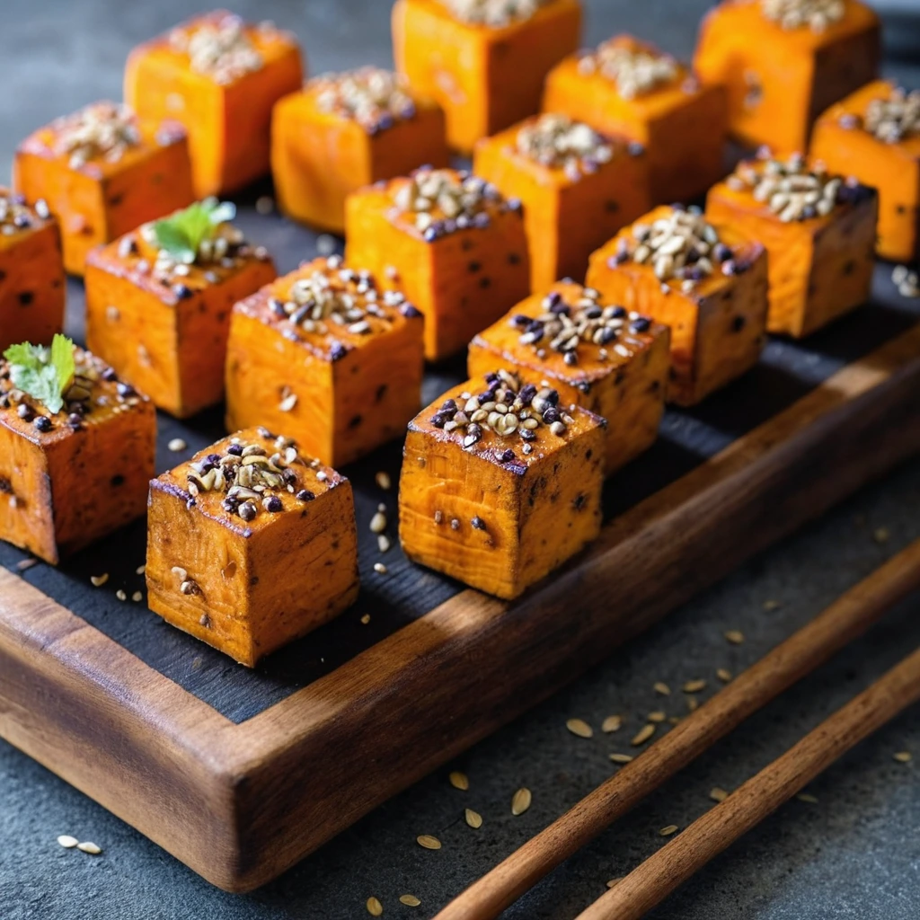 Roasted sweet potato cubes in a golden glaze, sprinkled with black and white sesame seeds on a rustic wooden board.