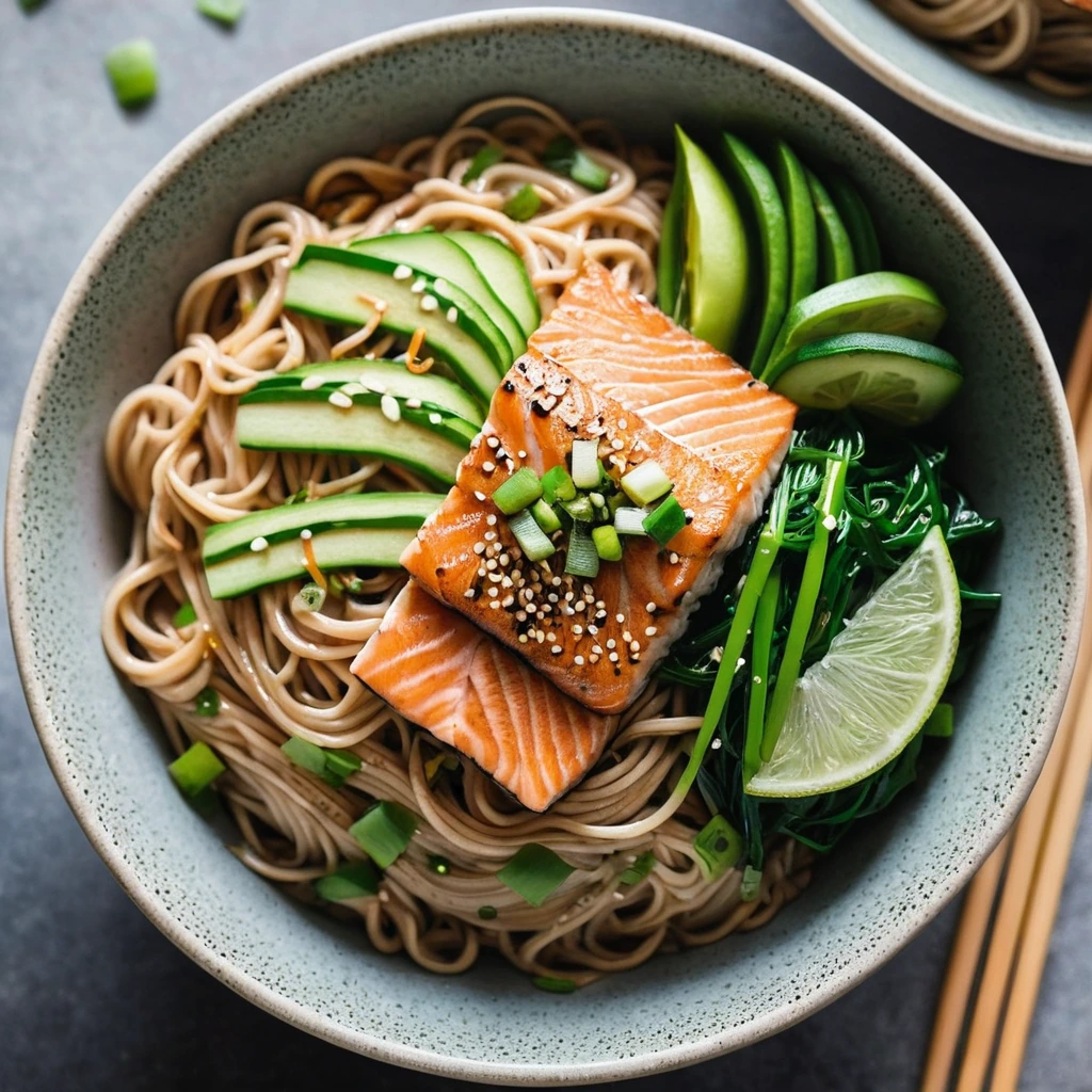 Bowl with salmon fillet over noodles, sprinkled with sesame seeds and green onions.