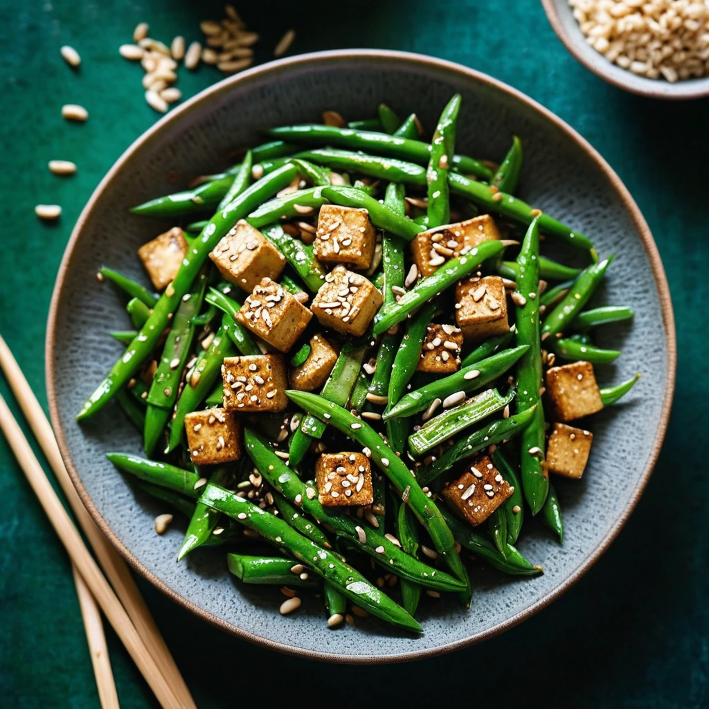 Colorful green beans and golden tofu in a glossy sauce, sprinkled with sesame seeds on a serving plate.