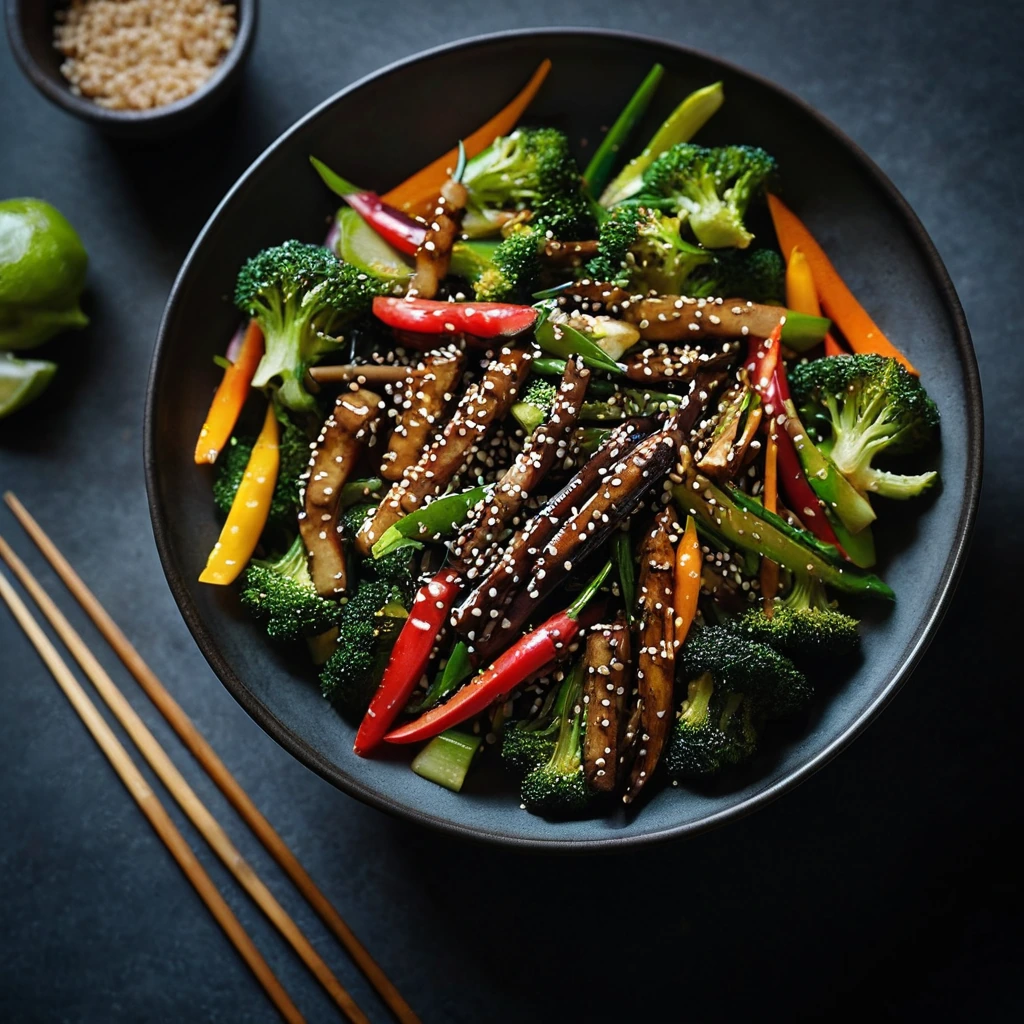 Shiny dark sauce drizzled over a colorful array of vegetables in a sizzling wok.