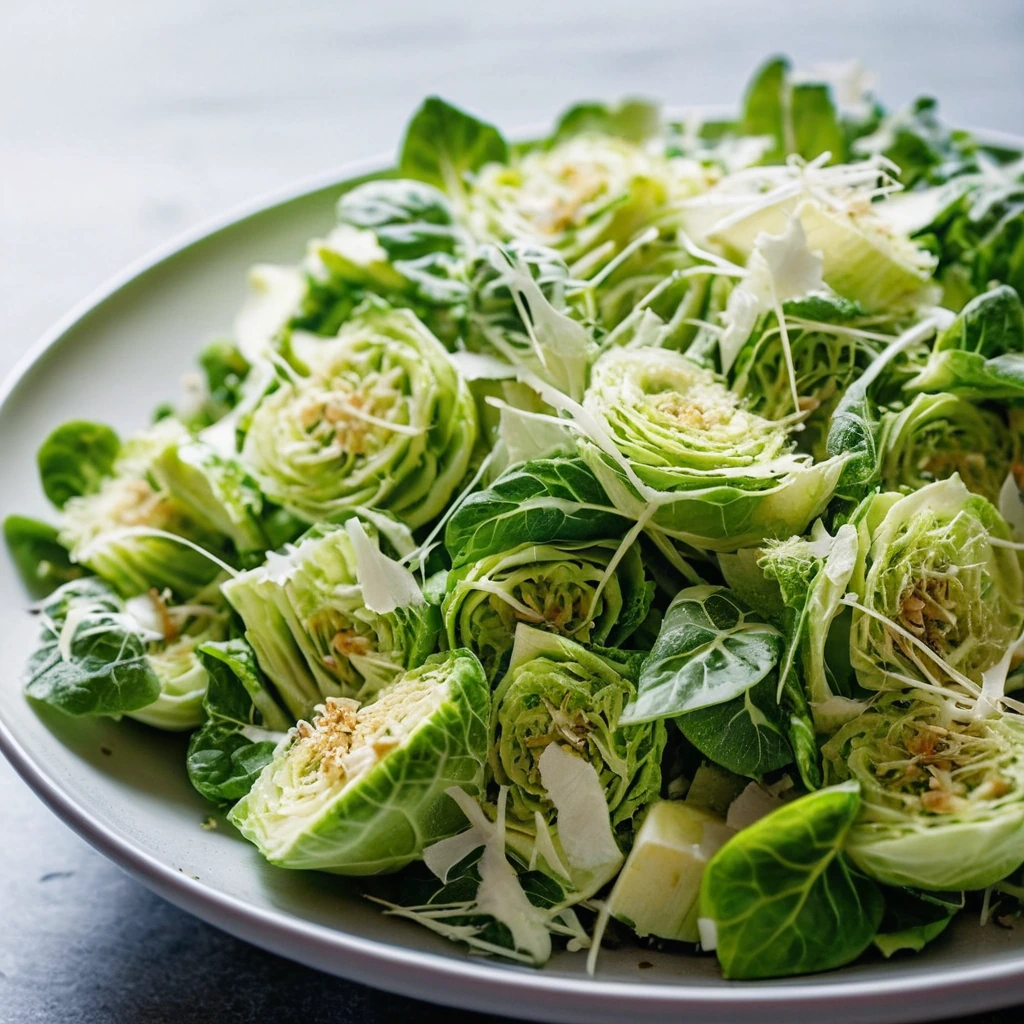 Bowl of vibrant green shaved Brussels sprouts with white croutons and grated Parmesan