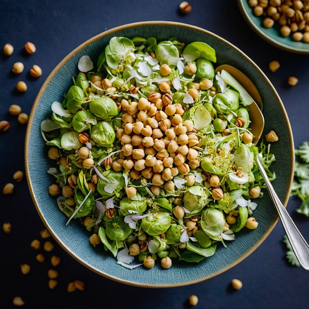 Colorful bowl of green and yellow salad with crispy golden chickpeas on top