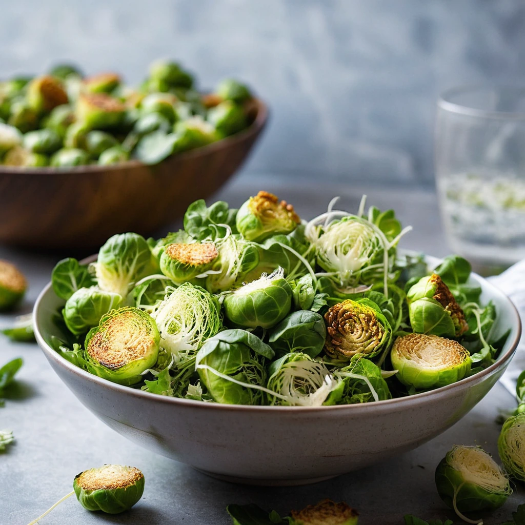 Vibrant green shaved Brussels sprouts in a bowl with golden croutons and a sprinkle of herbs.