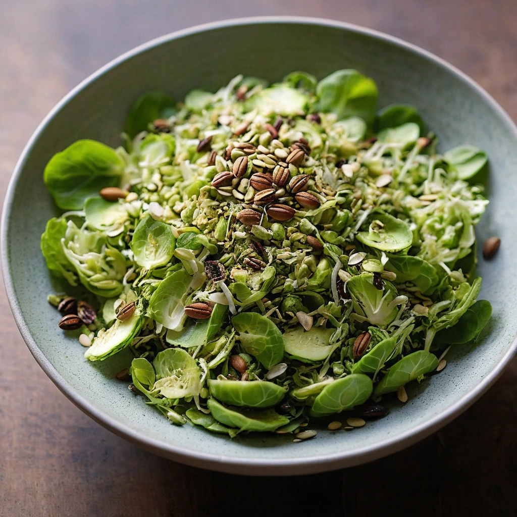 Vibrant green shaved brussels sprouts tossed with golden toasted seeds in a bowl.