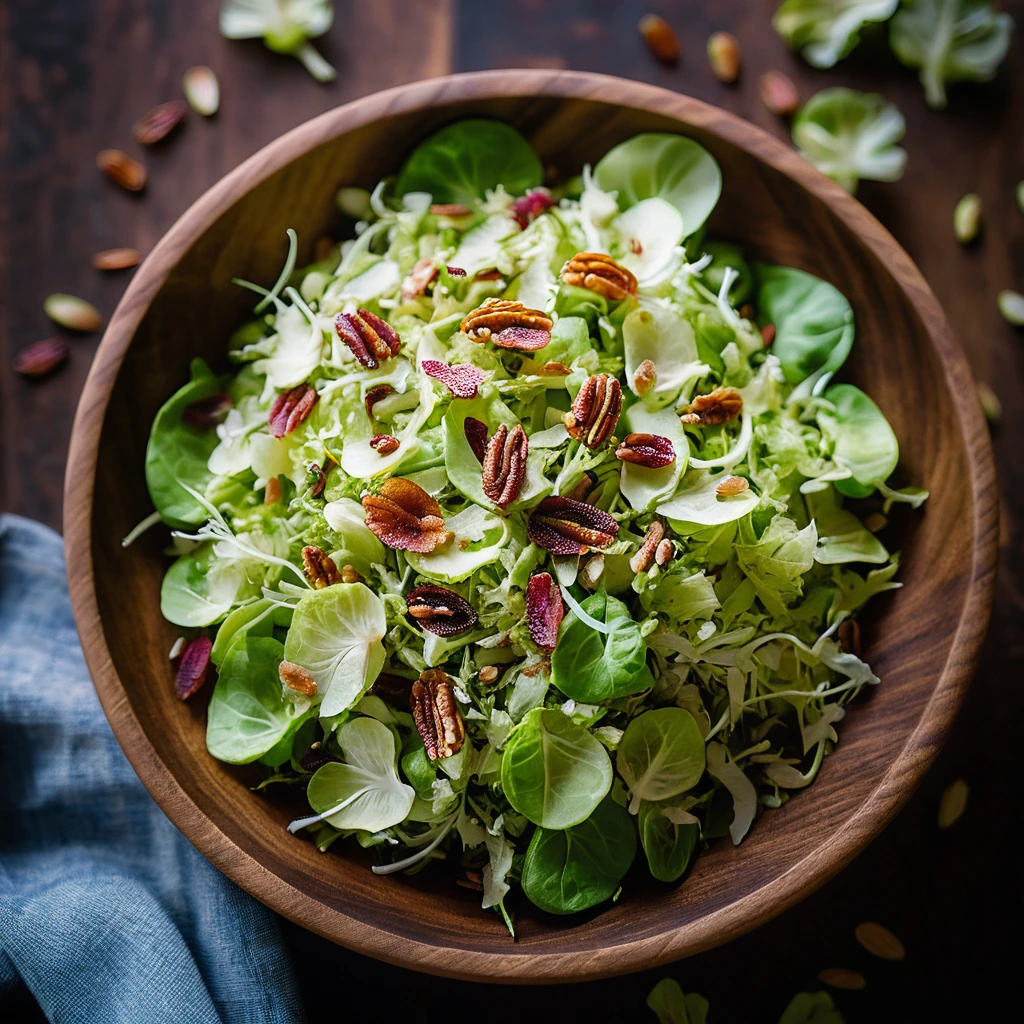 A vibrant green mound of shaved brussels sprouts topped with crispy bacon bits, served in a rustic wooden bowl.