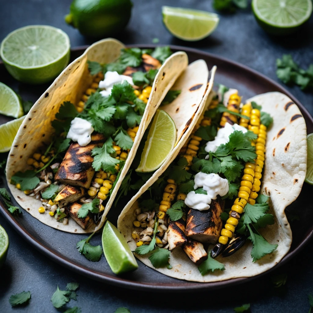 Colorful tacos with grilled chicken and charred corn nestled in warm tortillas, sprinkled with fresh cilantro.
