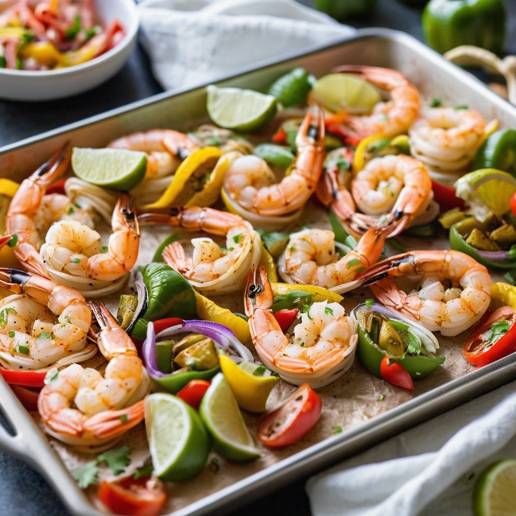 Colorful shrimp fajitas on a sheet pan with peppers and onions, golden from garlic butter glaze.