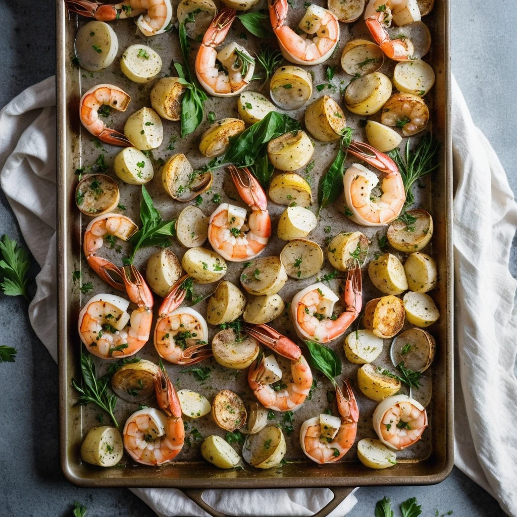 Colorful sheet pan with shrimp and potatoes, drizzled with melted parmesan and fresh herbs.