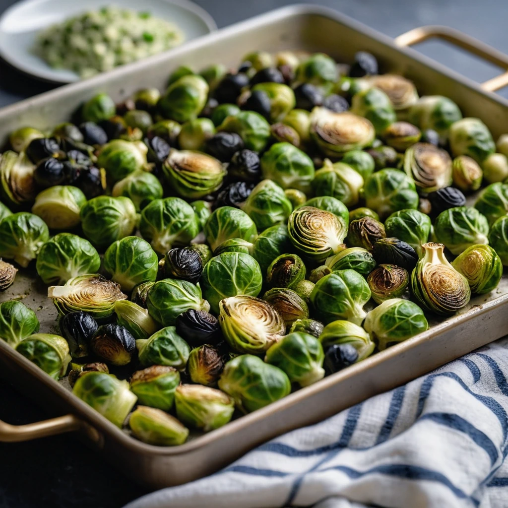 Sheet pan with golden gnocchi and roasted Brussels sprouts, drizzled with green pesto.