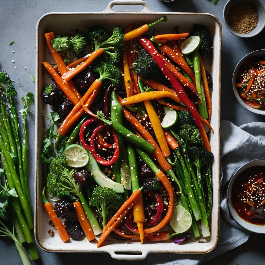 Sheet pan filled with roasted vegetables glazed in a deep red sauce, garnished with sesame seeds and green onions.