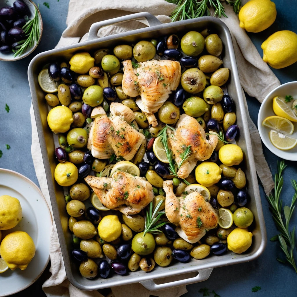 Sheet pan with golden roasted chicken thighs, lemon slices, and vibrant green olives nestled among yellow potatoes.