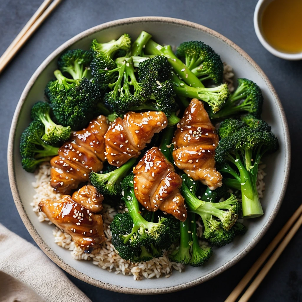 Sheet pan with roasted chicken pieces and broccoli florets, glazed with a golden honey sesame sauce, garnished with sesame seeds.