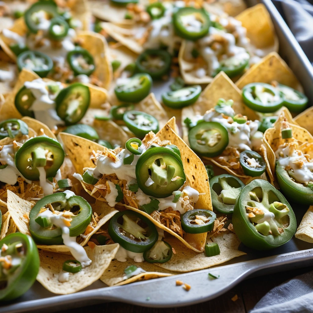 Sheet pan overflowing with golden tortilla chips, melted cheese, juicy chicken pieces, and green jalapeños.