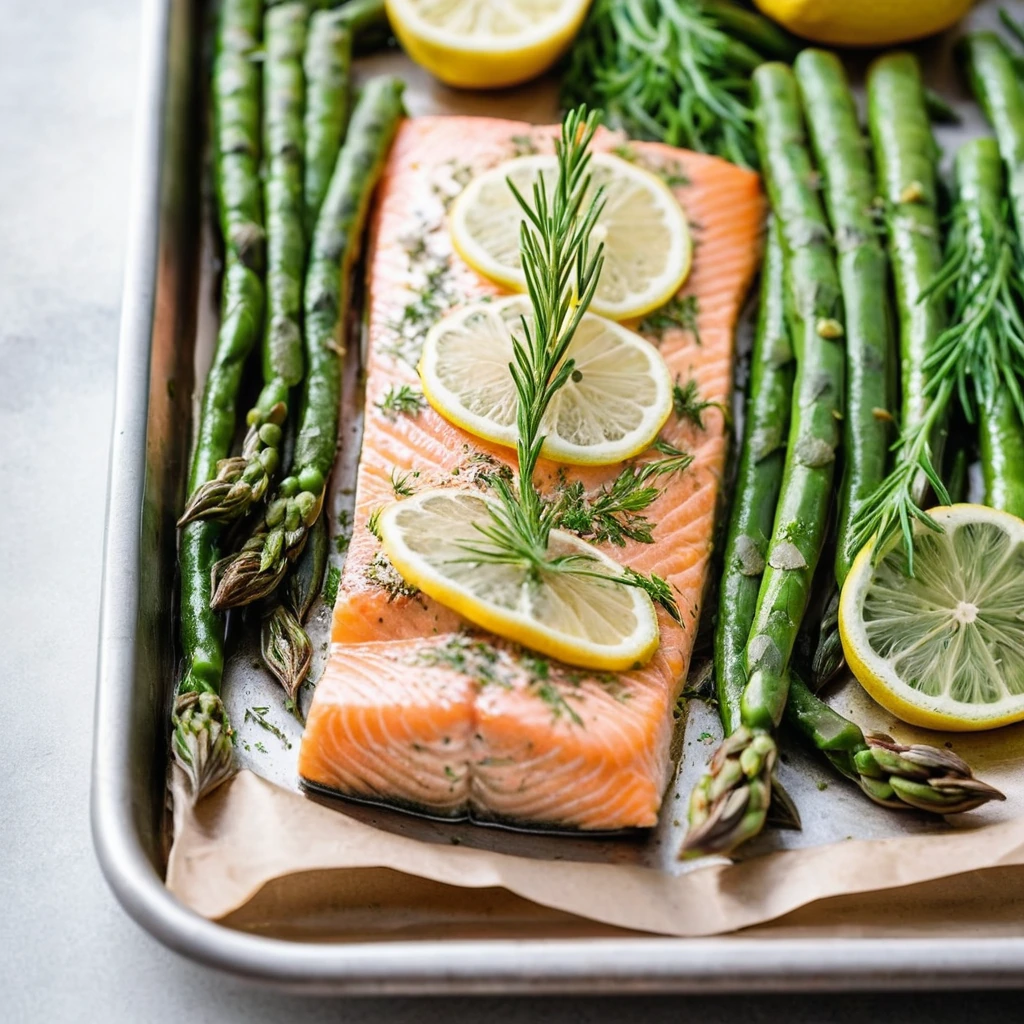 Baked salmon with green beans on a sheet pan, garnished with lemon slices and fresh dill.