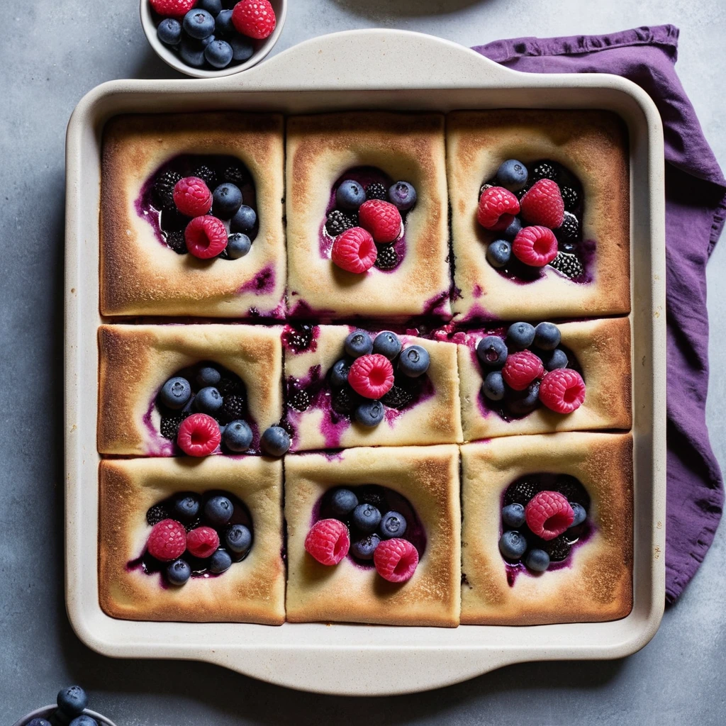 Golden sheet pan pancakes with a purple berry swirl pattern, served in a rectangular baking dish.