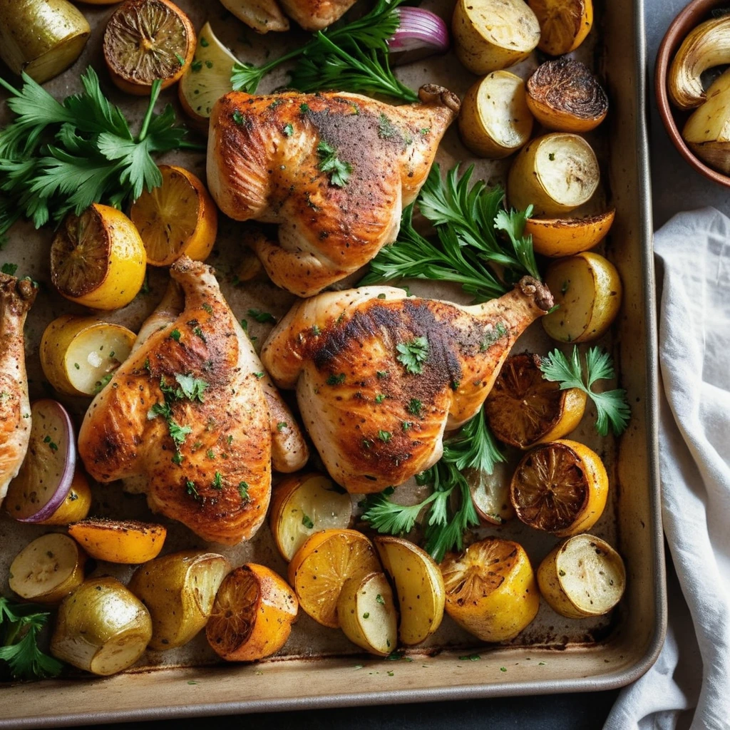 Sheet pan with roasted chicken thighs and golden potatoes, sprinkled with paprika and fresh parsley.