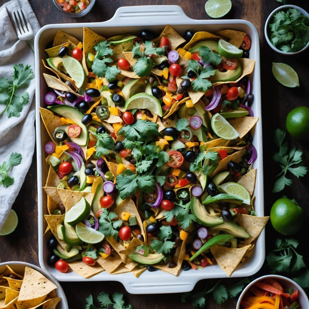 Sheet pan filled with layered tortilla chips, roasted colorful veggies, and melted cheese in a rustic arrangement.