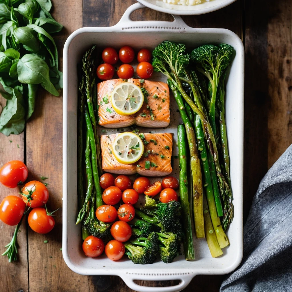 A plated serving of Sheet Pan Salmon and Veggies