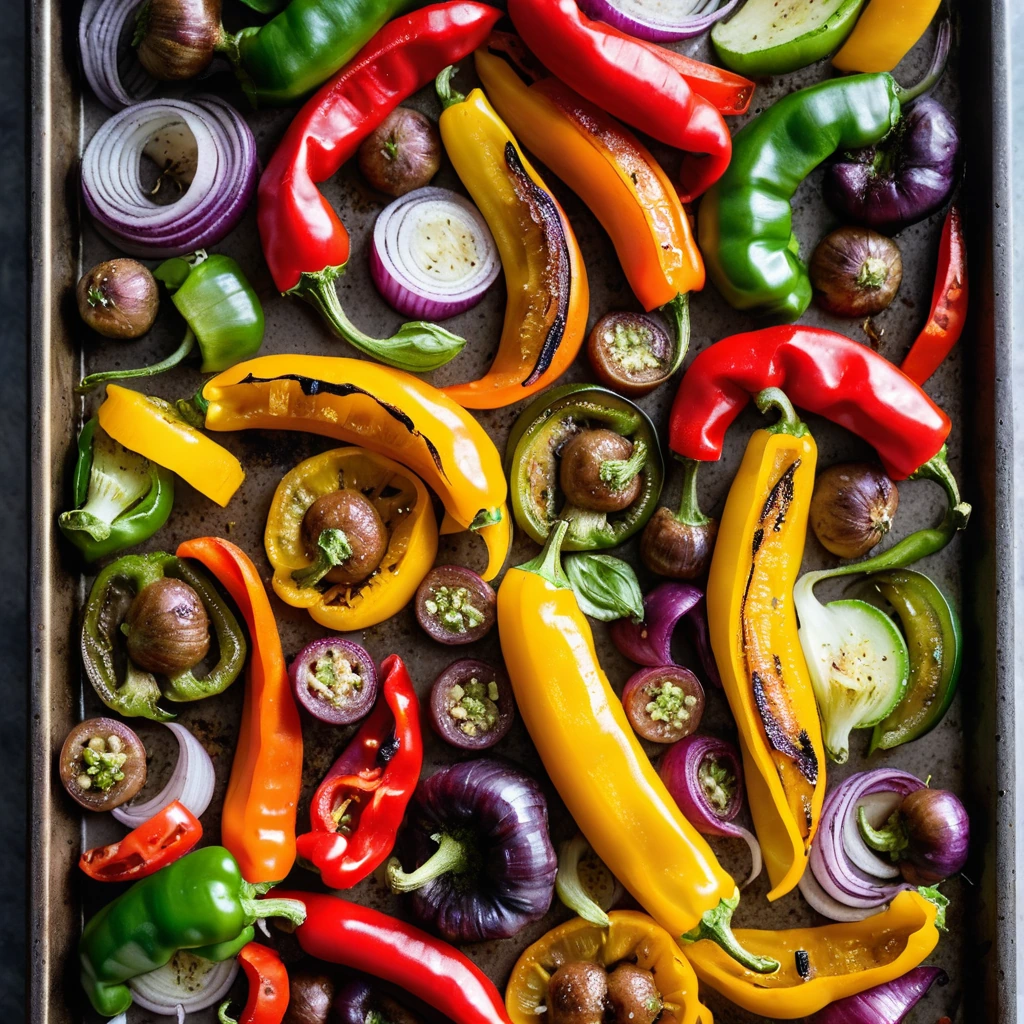 Colorful bell peppers and onions roasted with sausage links on a sheet pan, golden and juicy.