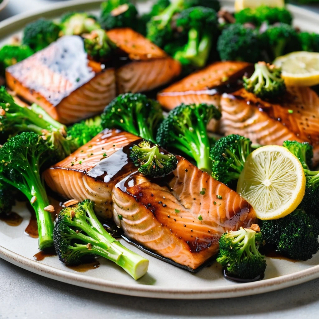 Golden-brown salmon fillets and vibrant green broccoli on a sheet pan, glazed with a shiny teriyaki sauce.